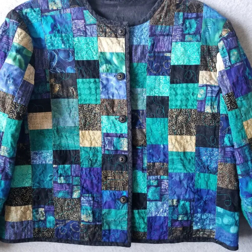 Quilted Patchwork Embroidered Button Front Granny… - image 2